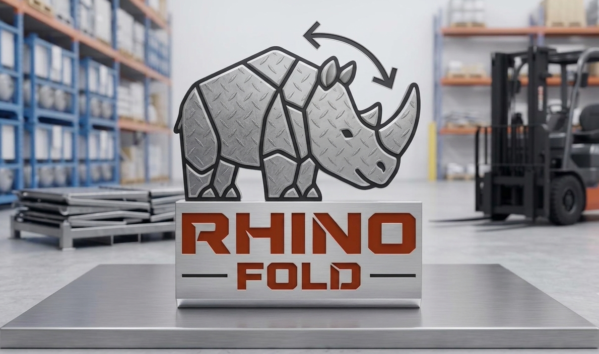 RhinoFold badge on a steel plate in a warehouse with folded racks and a forklift