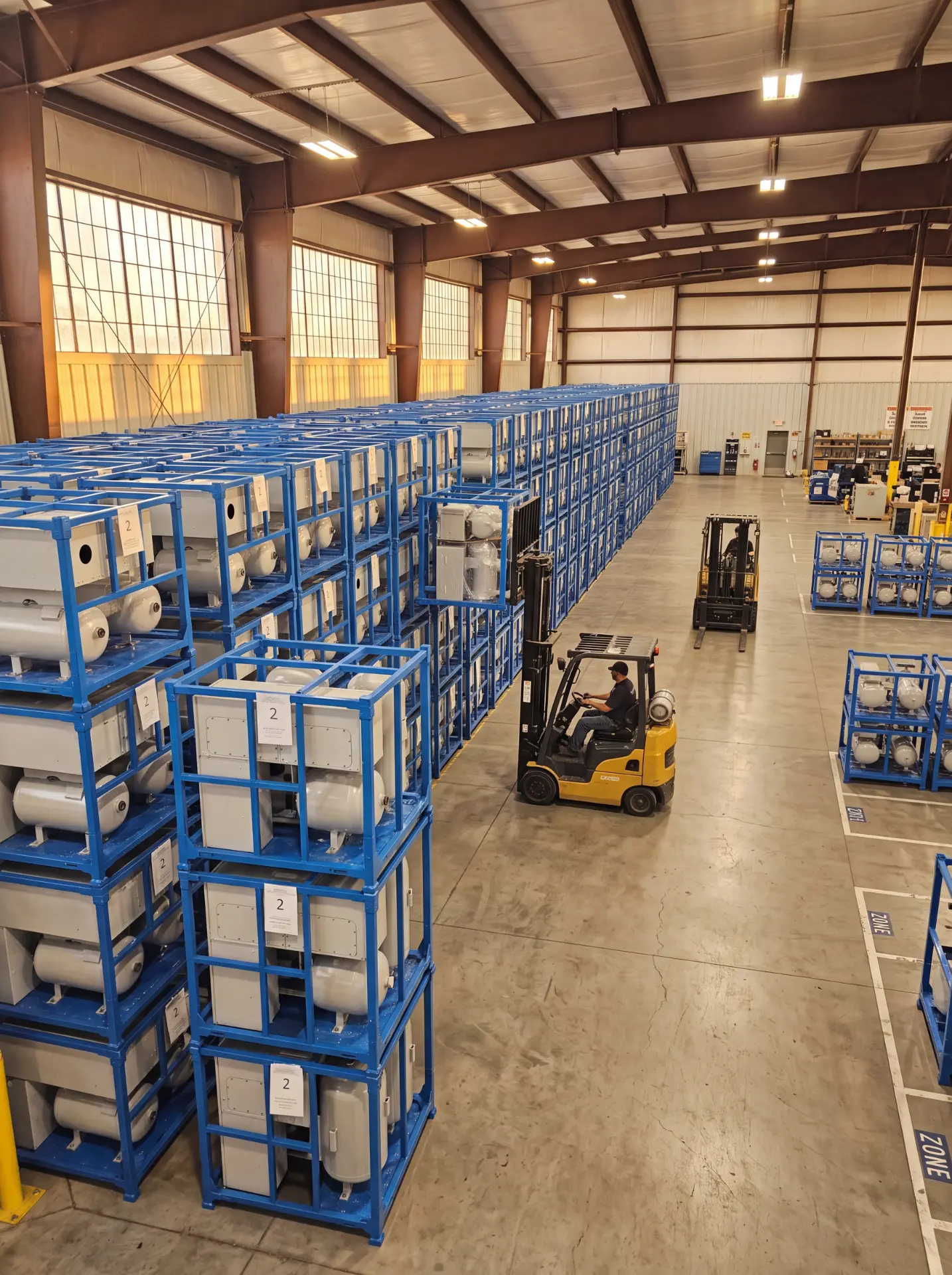 Warehouse aisle with heavy-duty blue steel racks stacked four high